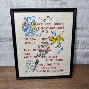 Vintage Cross-Stitch Embroidered Nursery Rhyme “Hey Diddle Diddle” Folk Style